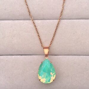 Chrysolite Pacific Green Opal+  Rose Gold Pear Crystal Drop Necklace